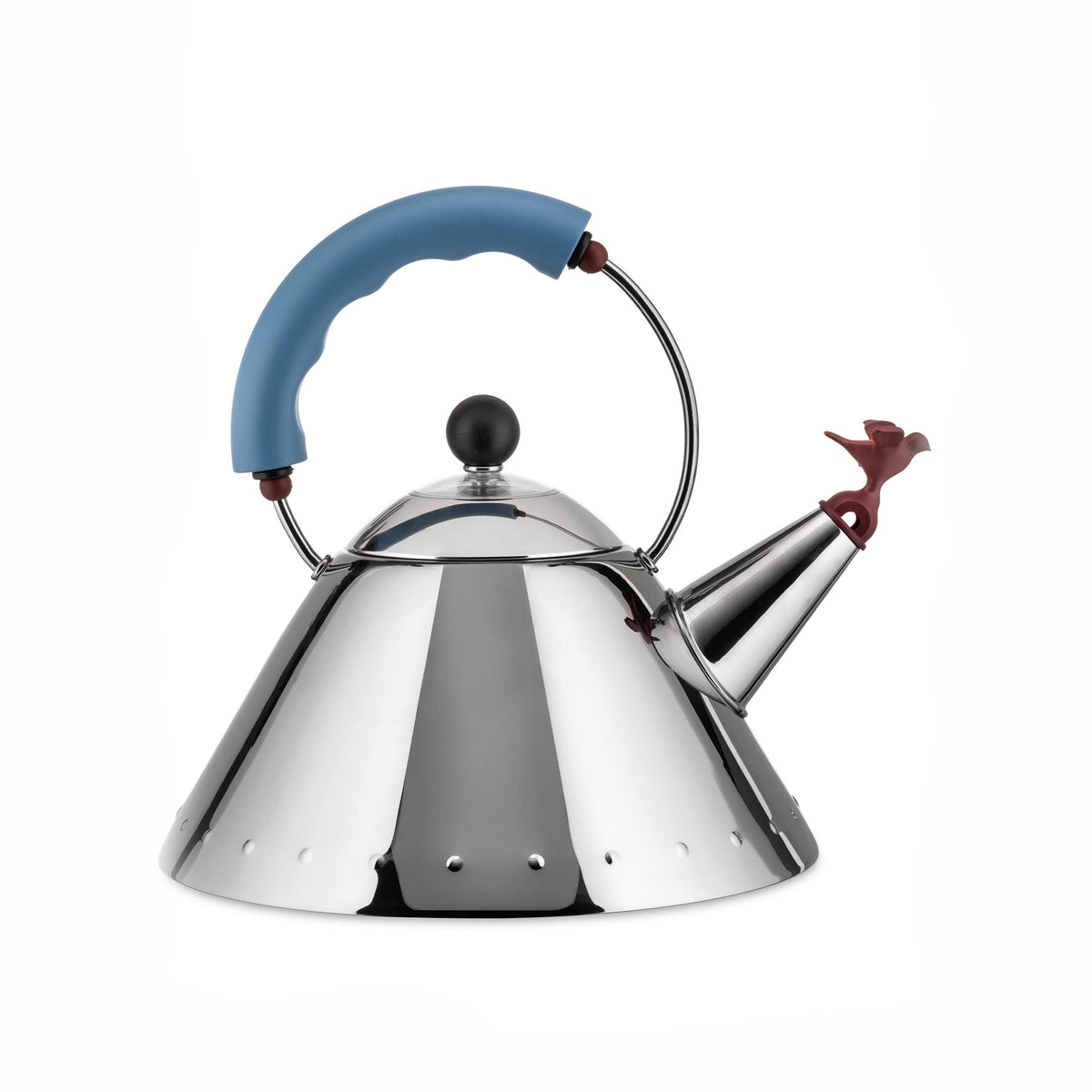 Alessi 9093 bird whistle kettle side view, quick tea on induction.