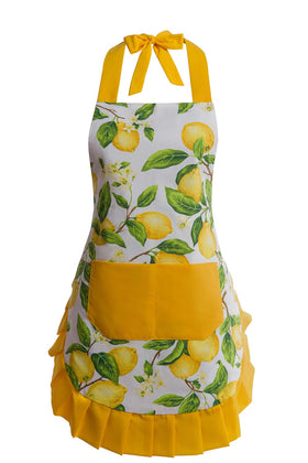 Alex Virtue Vintage Floral Apron front view in lemon color showing functional pockets