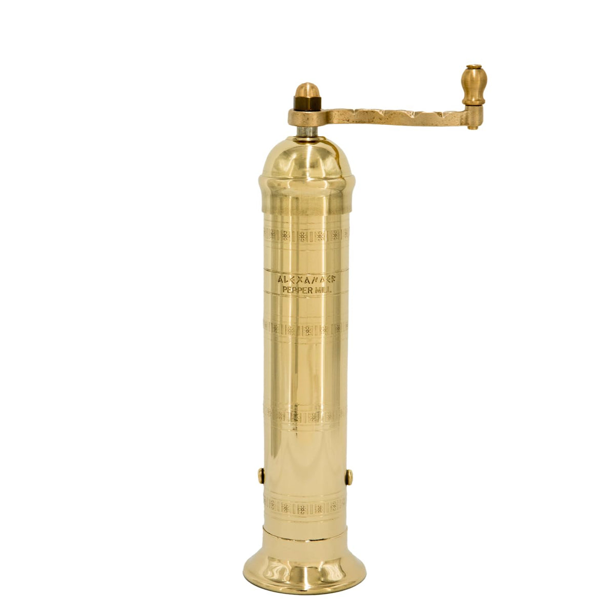 Alexander Home brass pepper mill front view for fresh pepper flavor.