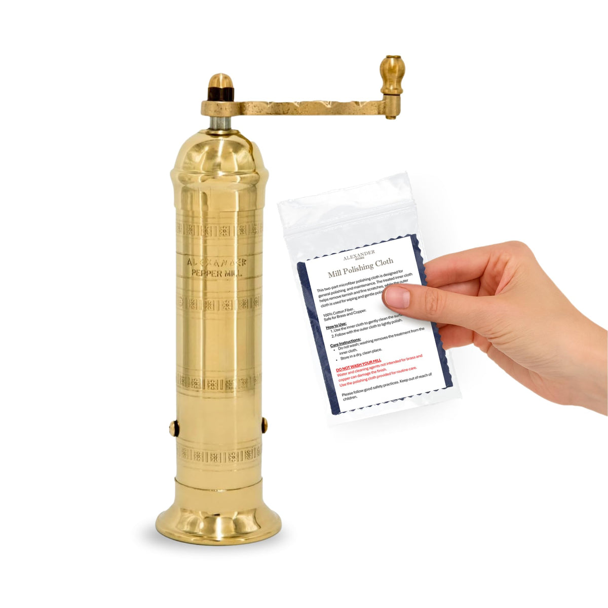 Alexander Home Original Greek Pepper Mill in brass, eight-inch tall, for durable, precise grinding.