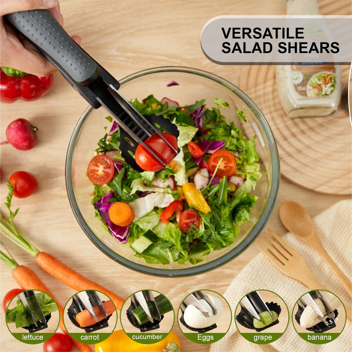 ALEXPHY curved bowl-fit design eases tossing and chopping in bowls.