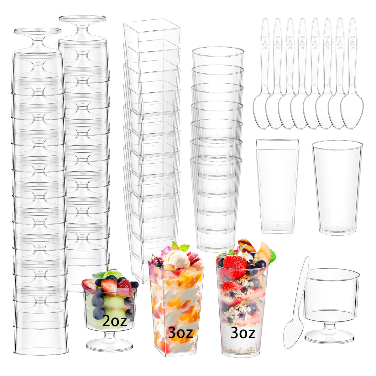 ALEXPRE 3oz square dessert cups arranged for elegant presentation with spoons.