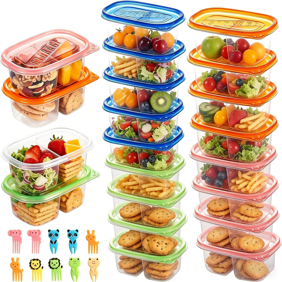 ALFEVA 20pc snack containers with colored lids for easy portion control.