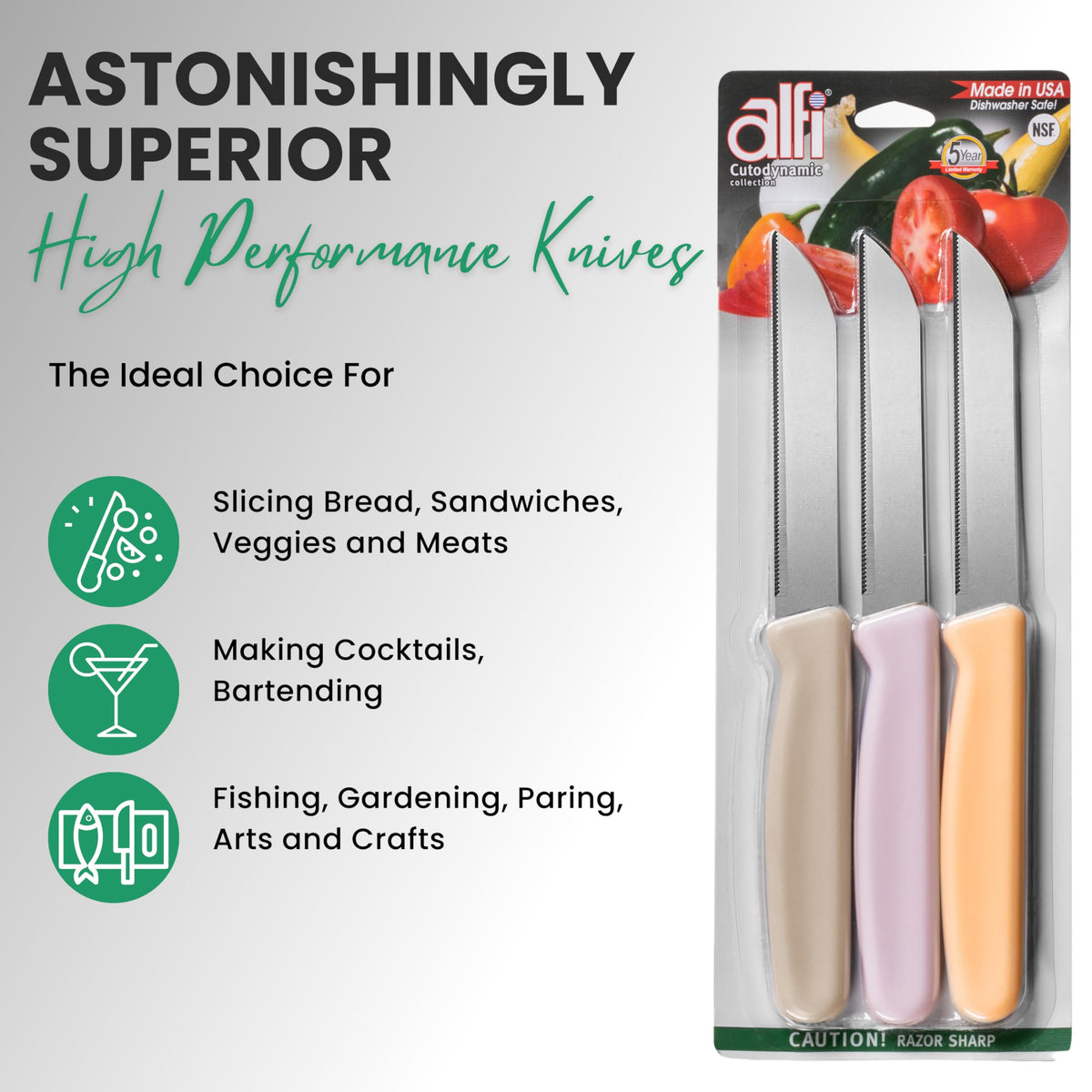 Alfi serrated blades slicing bread and vegetables with clean edges.