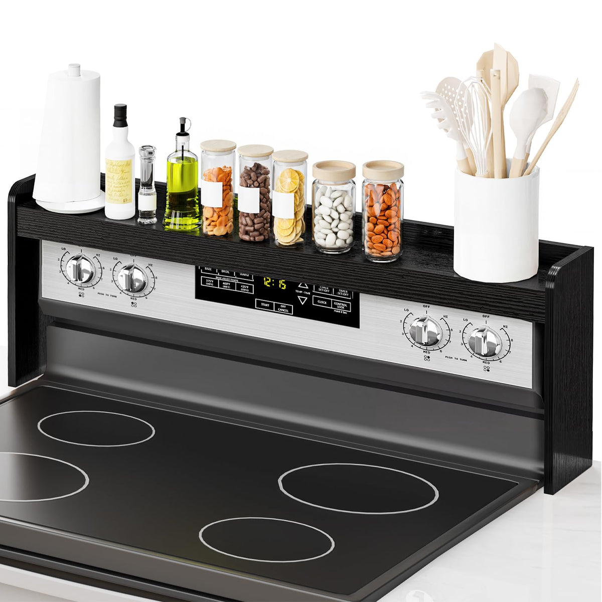 Alfrufy 31-inch stove top shelf assembly shows easy-to-install spice storage above the range.