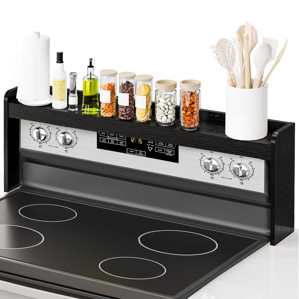 Alfrufy 31-inch stove top shelf assembly shows easy-to-install spice storage above the range.