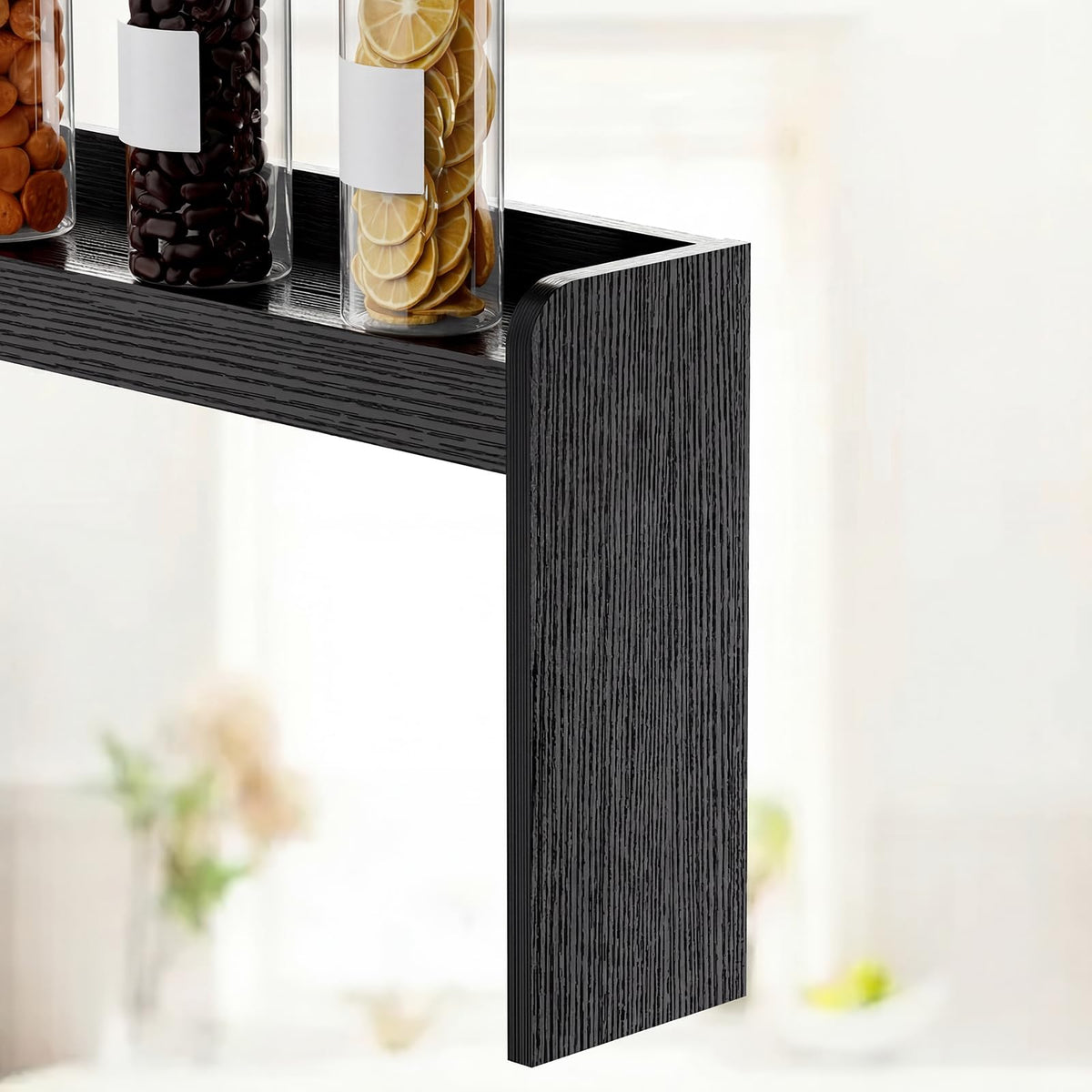 Alfrufy black finish stove top shelf complements modern kitchens while saving space.