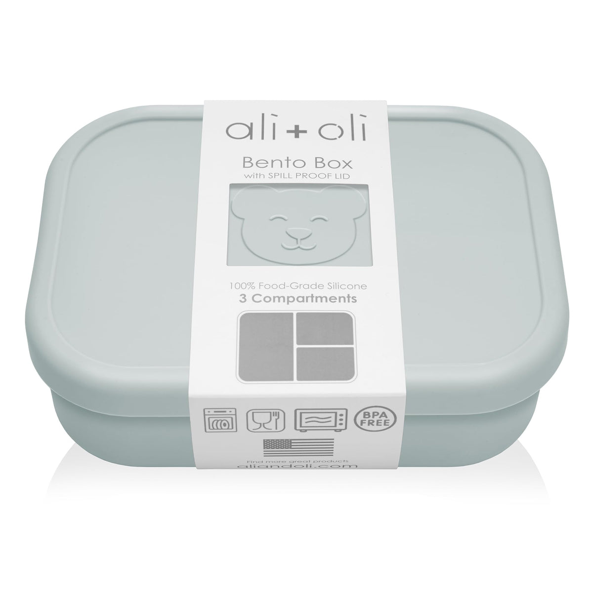 Ali+Oli blue silicone bento box showing compact size for school lunches