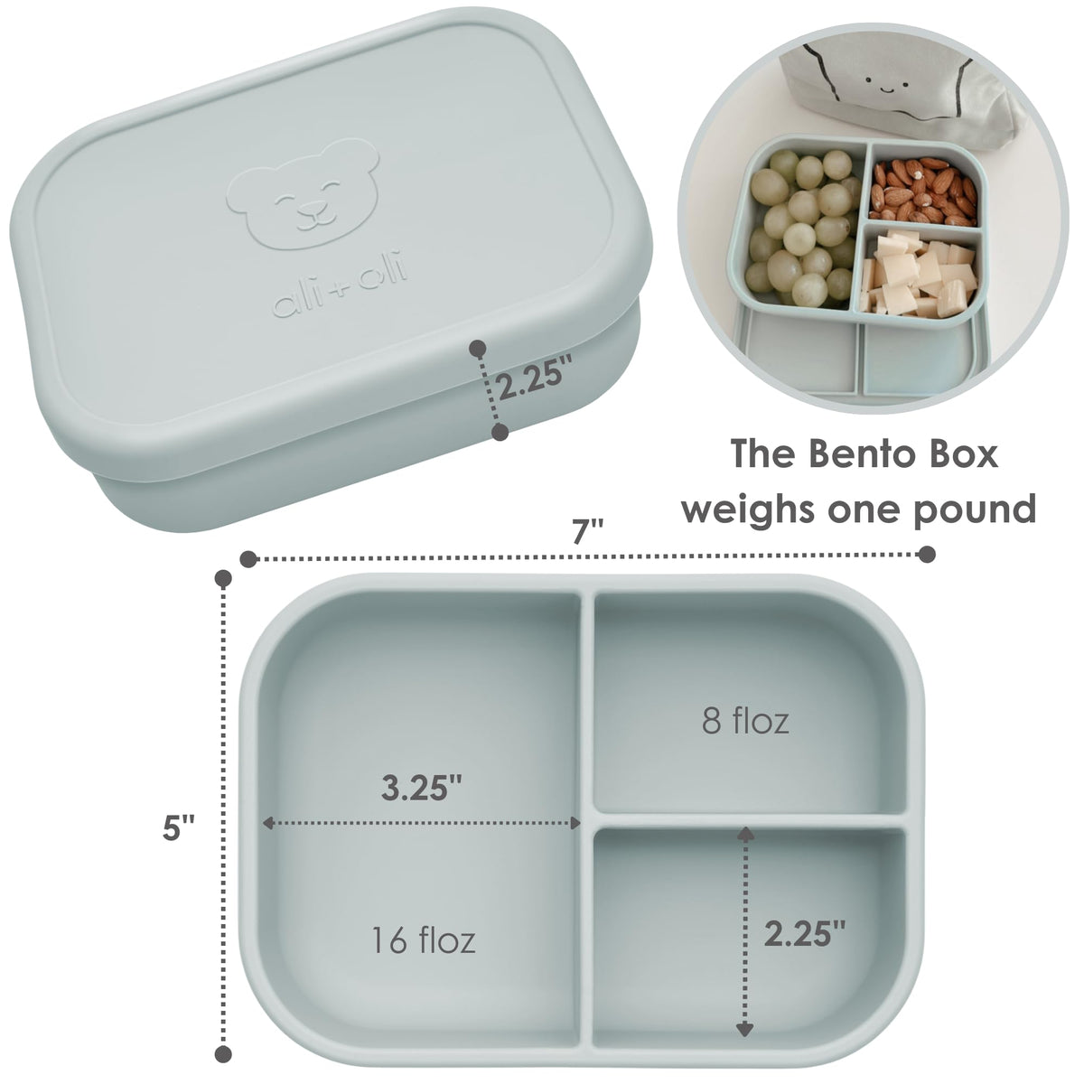 Ali+Oli blue bento box open with three compartments for portion control