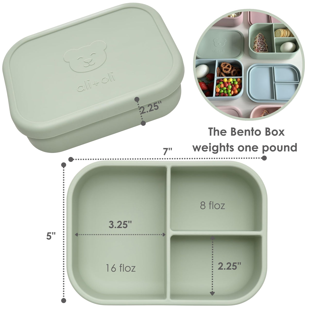 Ali+Oli silicone bento box open lid demonstrating easy access and portion control
