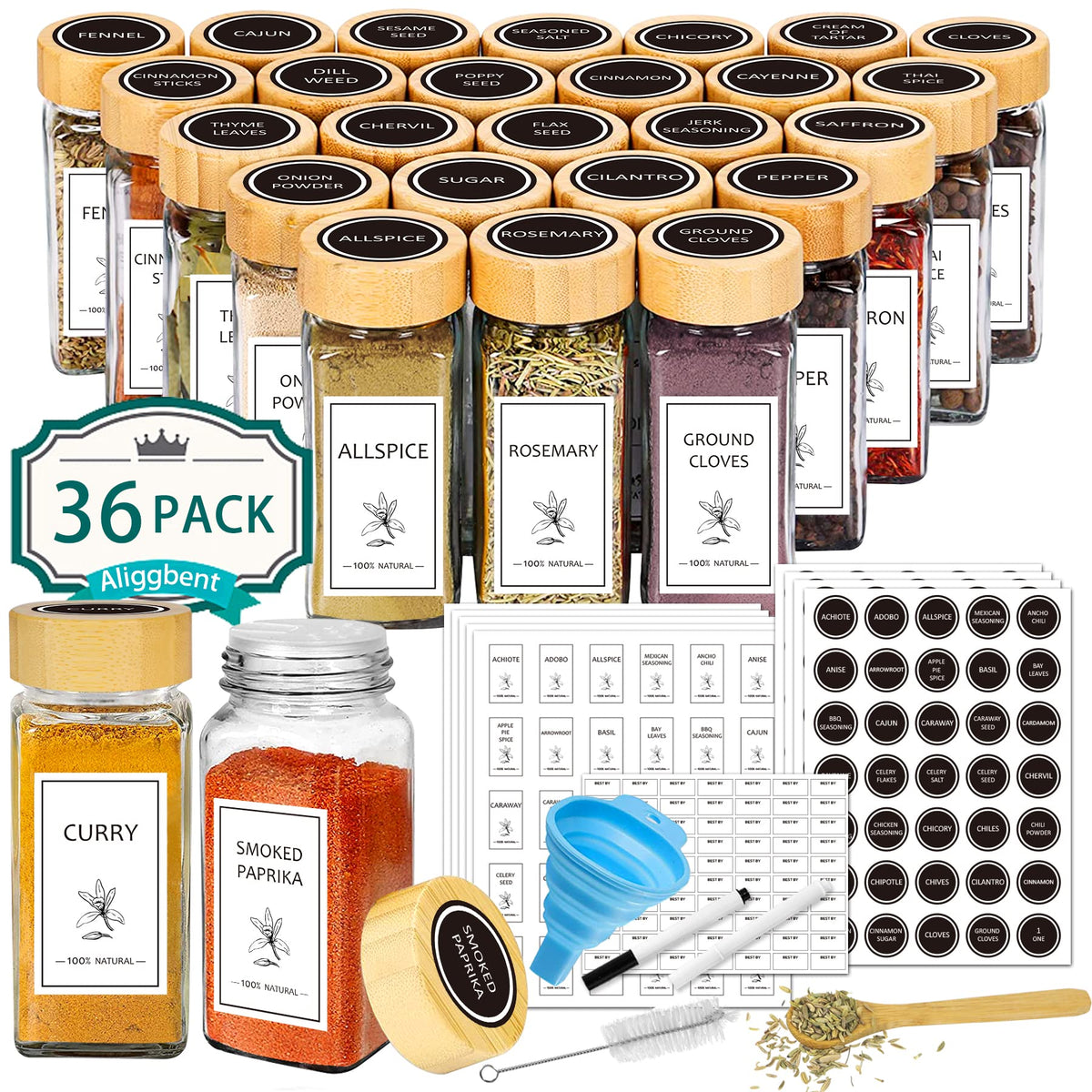 Aliggbent 36-piece spice jar set with labels for organized pantry storage.