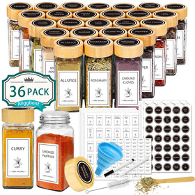 Aliggbent 36-piece spice jar set with labels for organized pantry storage.