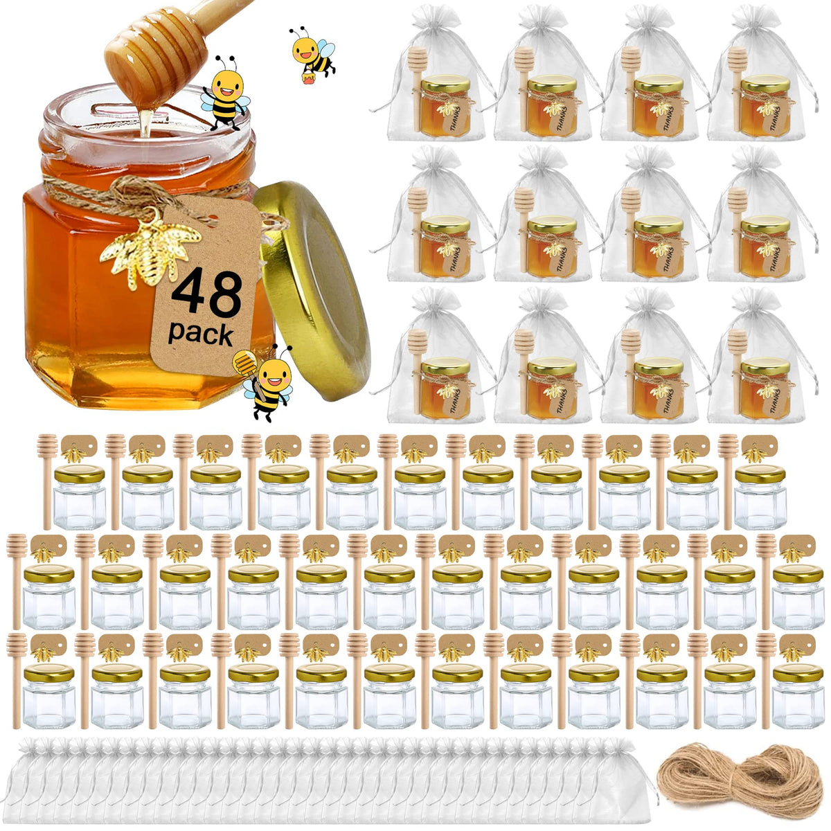 Aliggbent 48-pack mini honey jars with dippers and lids for favors.