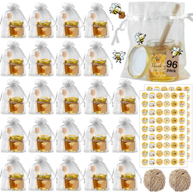 Aliggbent 96-pack mini honey jars with hexagon shape and dippers for elegant party favors.