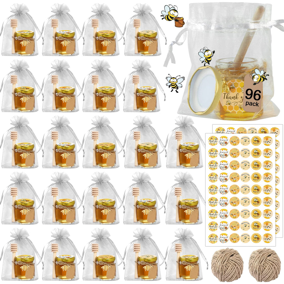 Aliggbent 96-pack mini honey jars with hexagon shape and dippers for elegant party favors.