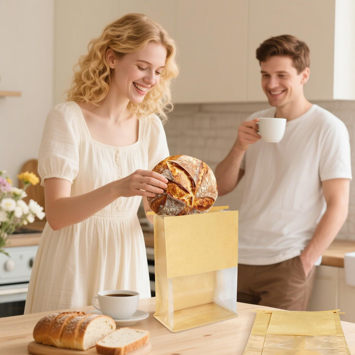 Aliggbent bread bags for tidy storage and easy dough transport