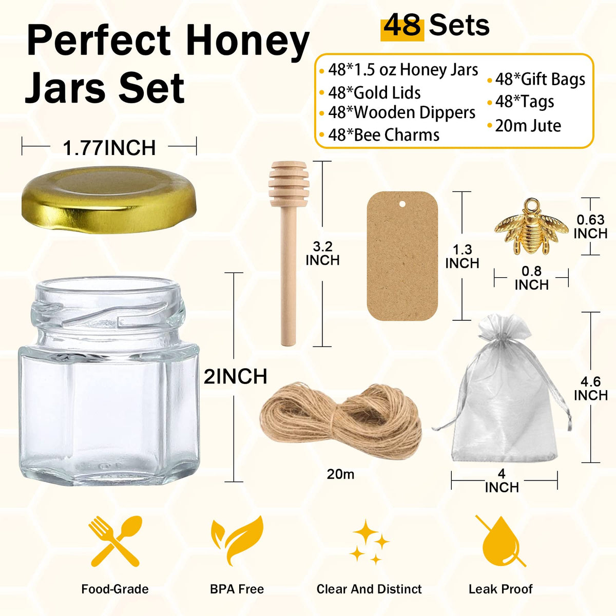 Aliggbent hexagon glass honey jar, 1.5 oz, with lid for weddings.