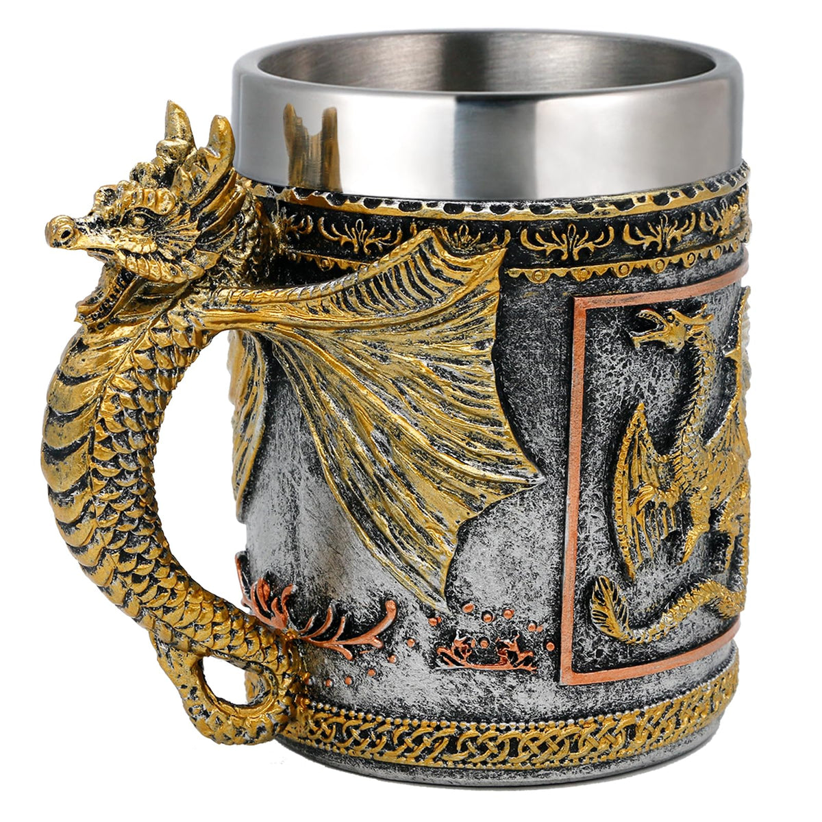 alikiki dragon mug showcases gothic dragon and Celtic chains for bold tabletop decor.