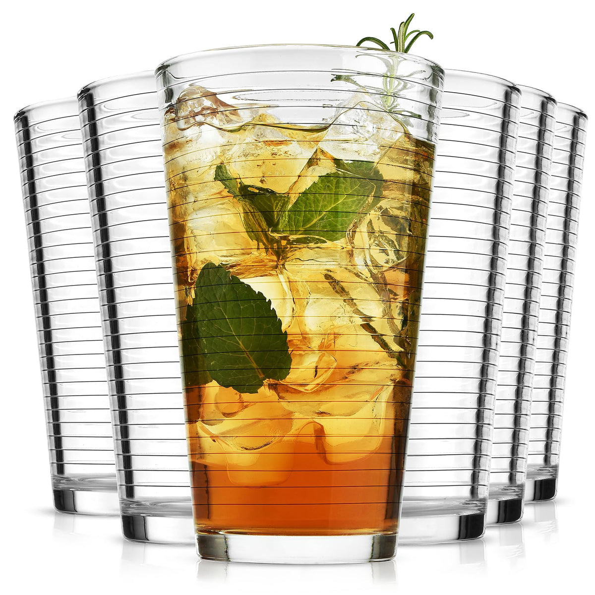 ALINK ribbed 16 oz highball glasses front view, ideal for stylish cocktails and lemonade