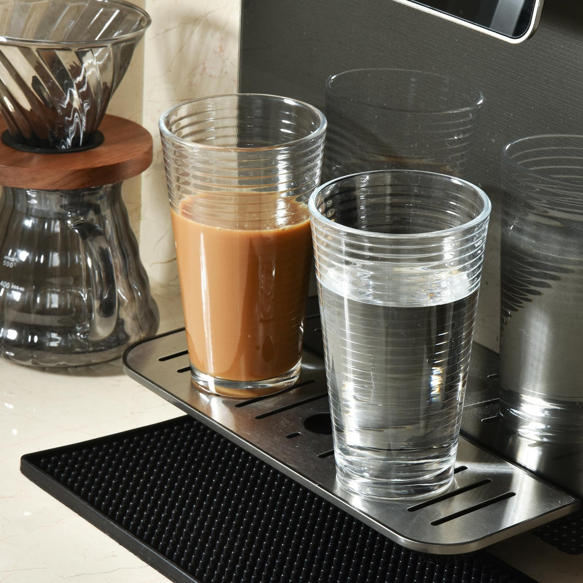 ALINK ribbed 16 oz glasses overhead closeup showing clear glass and texture
