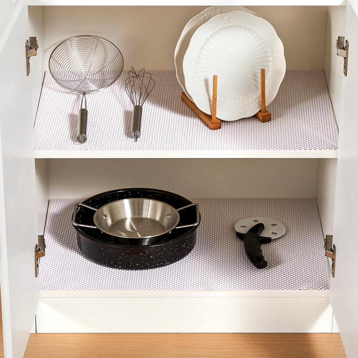 ALIUNI versatile shelf liner on garage shelves for grab-and-go tools.