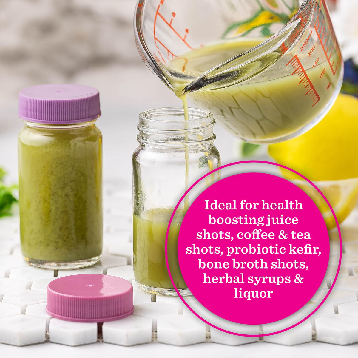 All About Juicing 8-pack shot bottles ready for batch prep and organization.