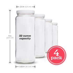 All About Juicing glass bottles 4-pack with lids for leak-proof juice and water storage.