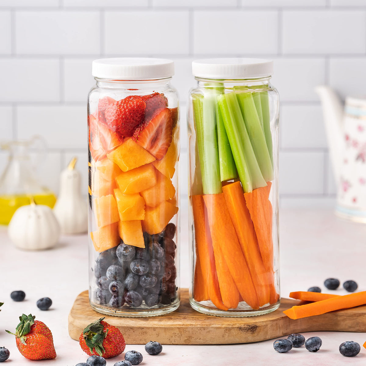 All About Juicing glass bottles support batch meal prep for soups, juices, or infused waters.