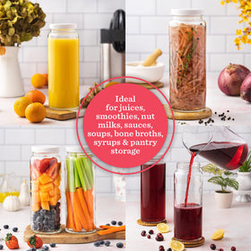 All About Juicing glass bottles transparent design aids pantry organization and quick content checks.