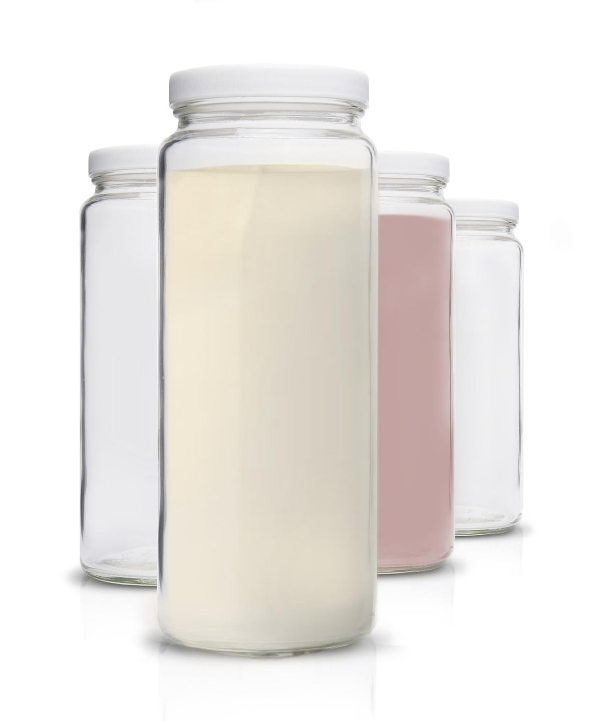 All About Juicing glass bottles with wide mouth for easy filling and pouring of smoothies.