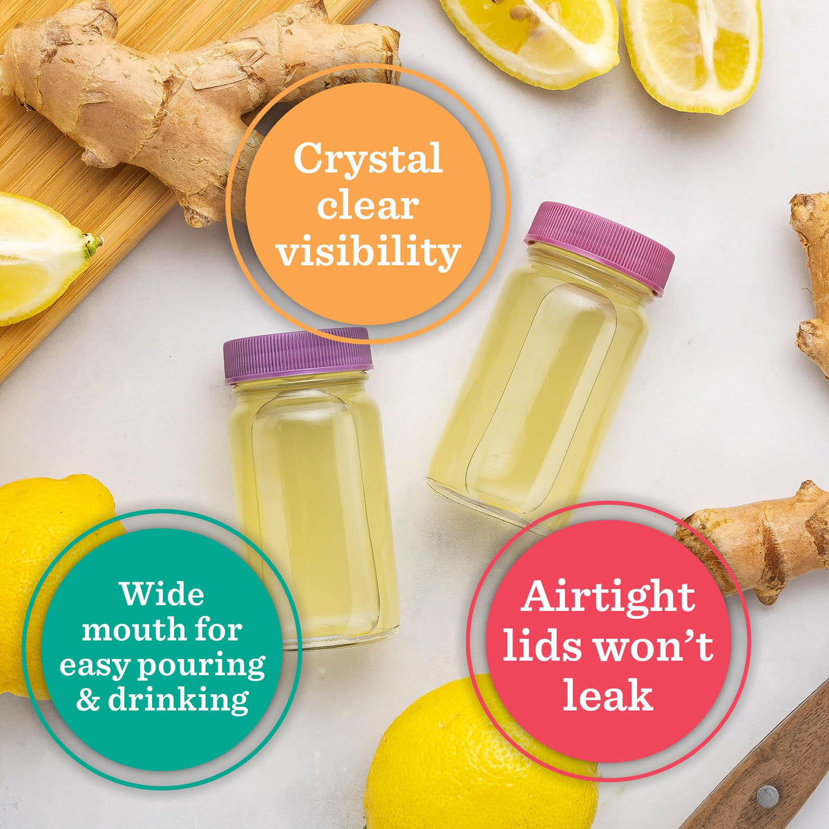 All About Juicing glass shot bottle with colored lid ensures easy identification and fresh batches.