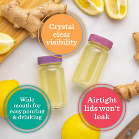 All About Juicing glass shot bottle with colored lid ensures easy identification and fresh batches.