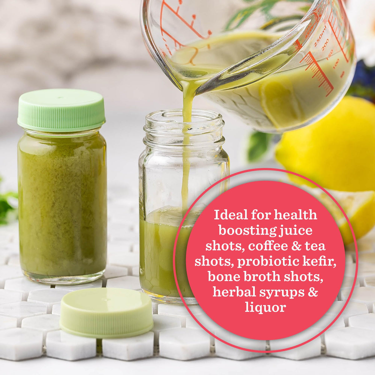 All About Juicing wide-mouth 2oz bottle for easy pouring and cleaning