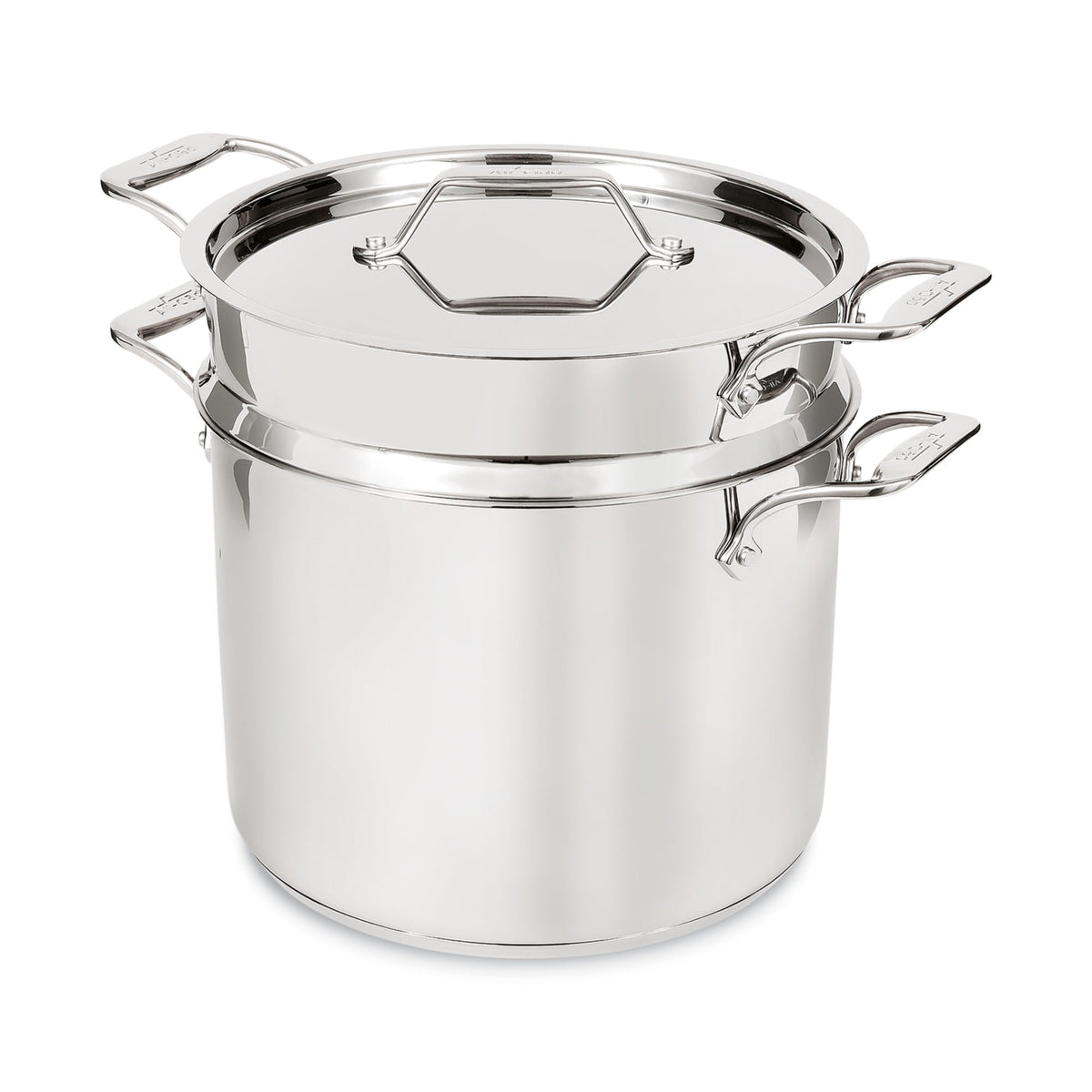 All-Clad 12 qt stockpot with lid for versatile batch cooking.