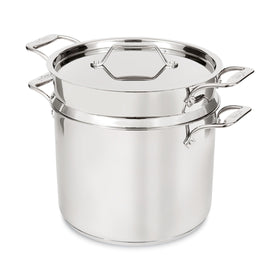 All-Clad 12 qt stockpot with lid for versatile batch cooking.