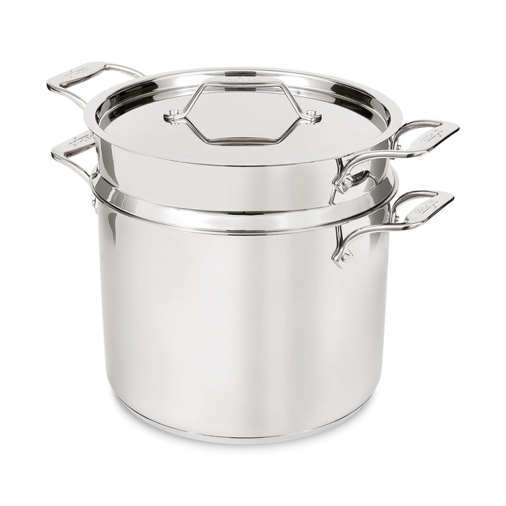 All-Clad 12 qt stockpot with lid for versatile batch cooking.