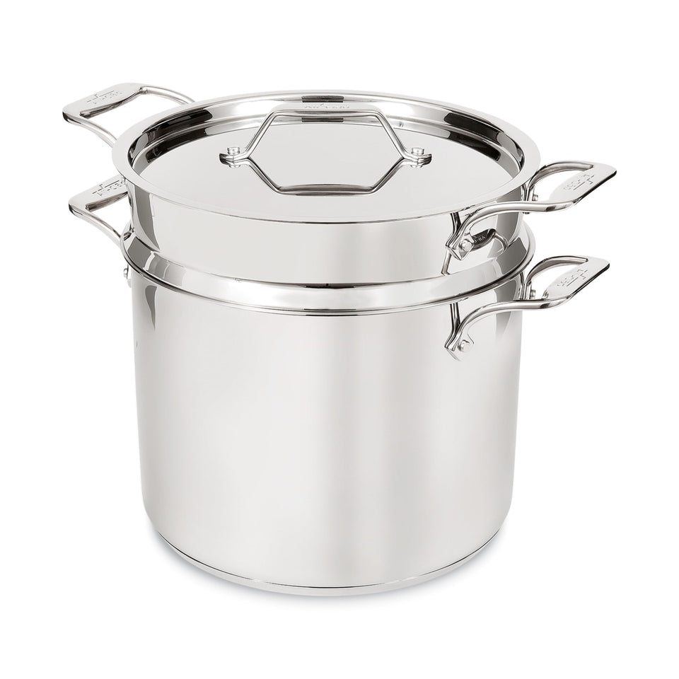 All-Clad 12 qt stockpot with lid for versatile batch cooking.