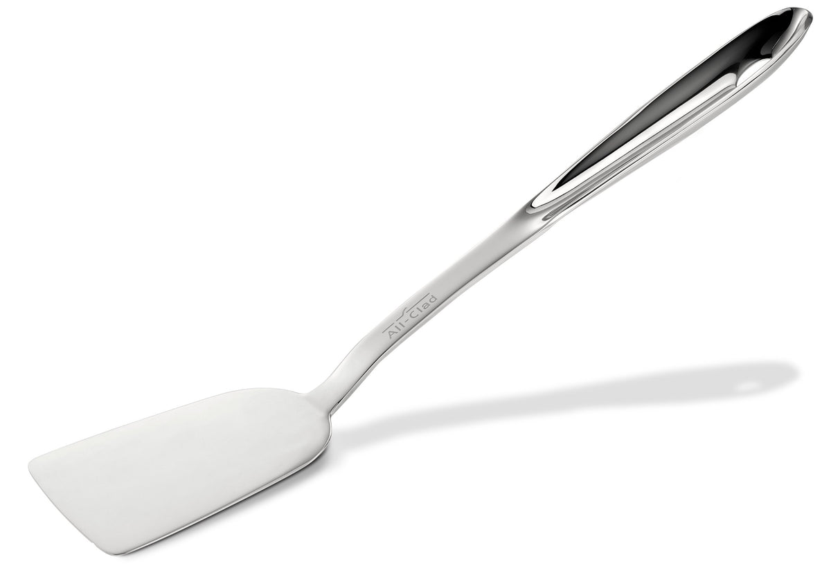 All-Clad 13-inch stainless steel turner for flipping burgers and eggs with professional balance.