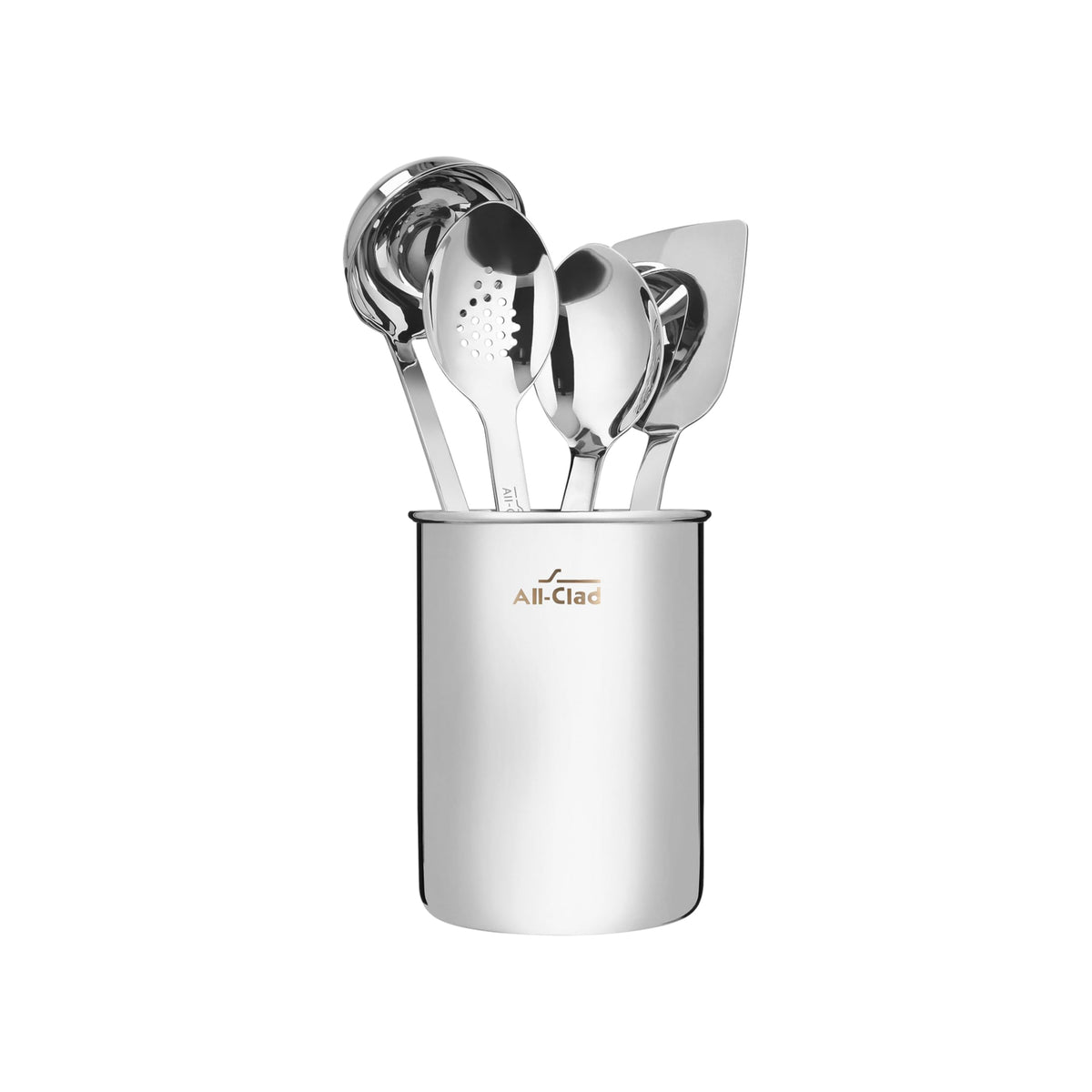 All-Clad ladle from the 5-piece set; durable stainless steel for precise pouring.