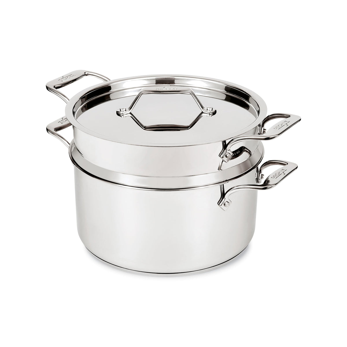 All-Clad 8-qt multipot front view shows durable stainless steel for batch cooking