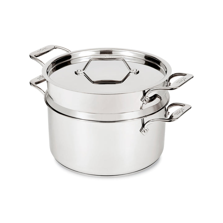 All-Clad 8-qt multipot front view shows durable stainless steel for batch cooking