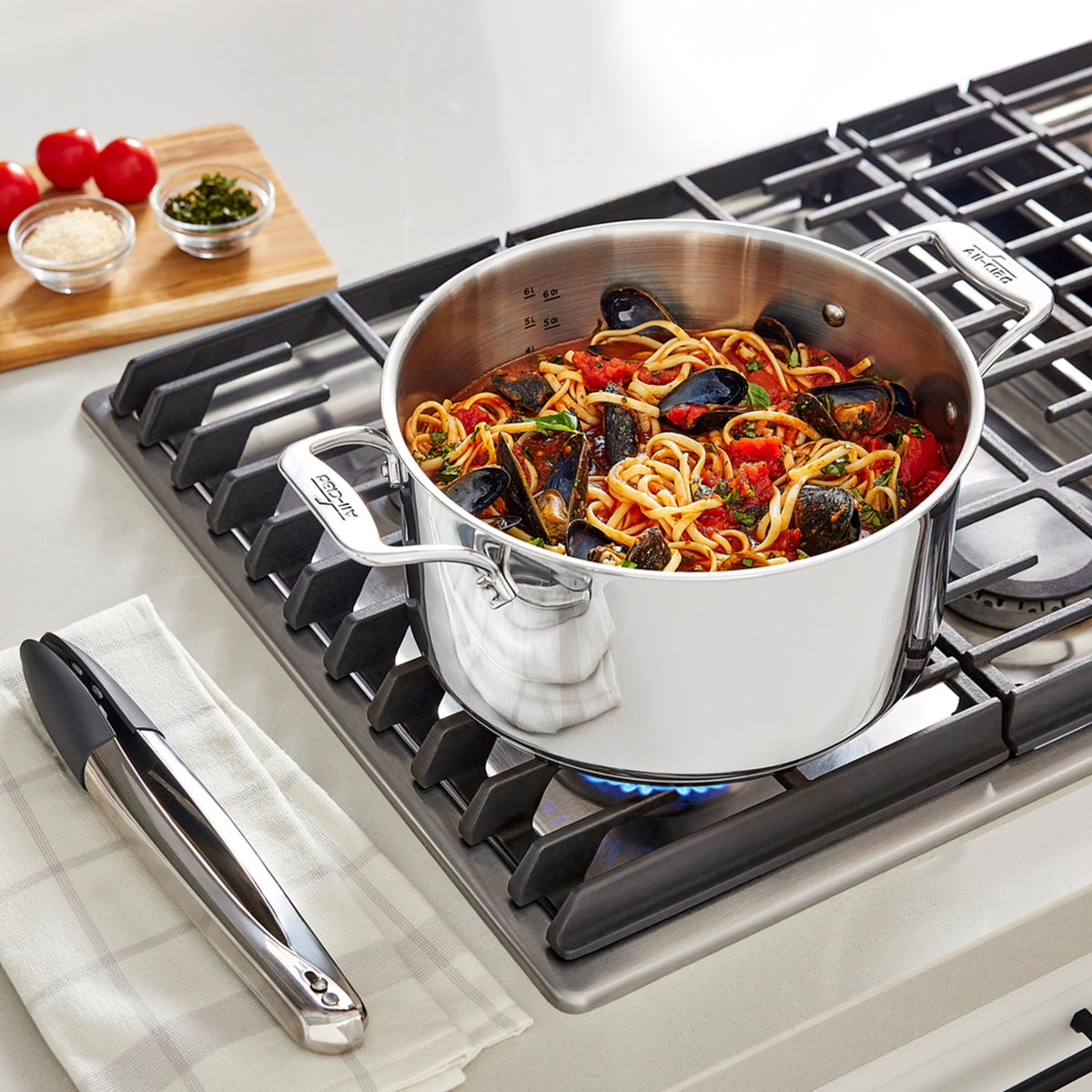 All-Clad 8-qt multipot insert detail highlights easy straining during stocks