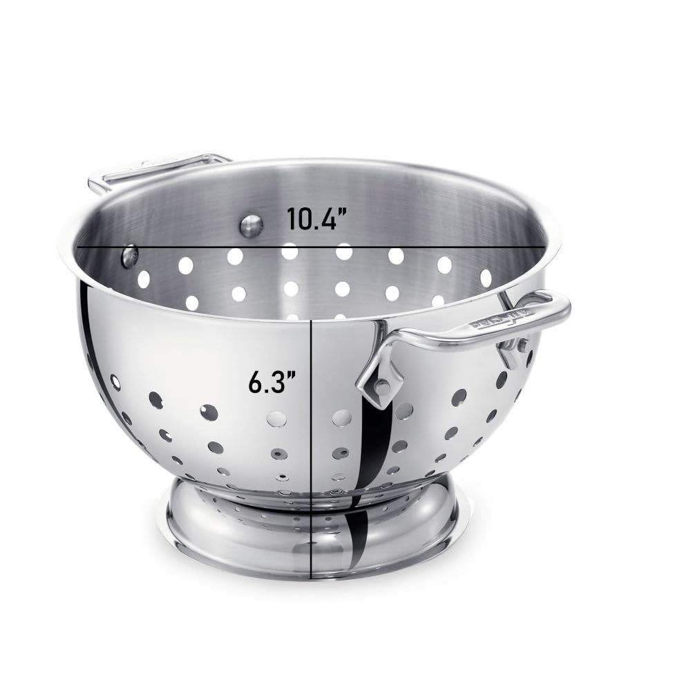 All-Clad 5-quart colander mirror-finish suits pasta draining and produce rinsing.