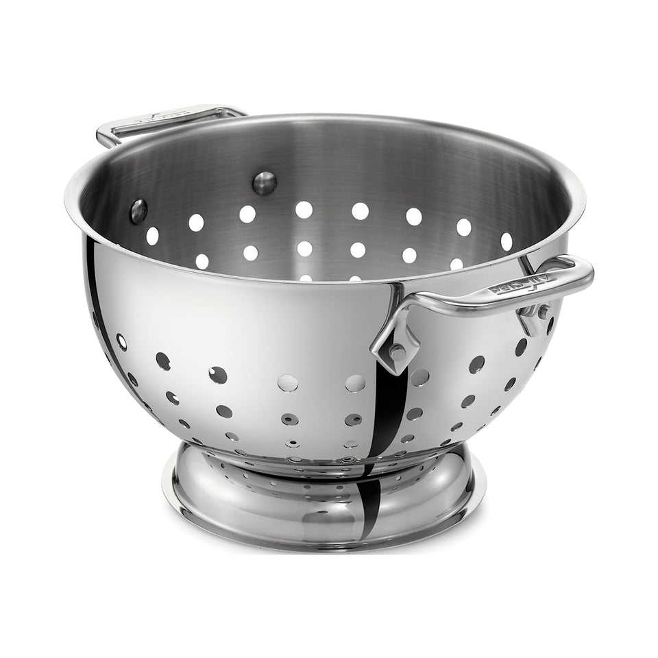 All-Clad 5-quart colander top view with mirror finish for fast draining vegetables.