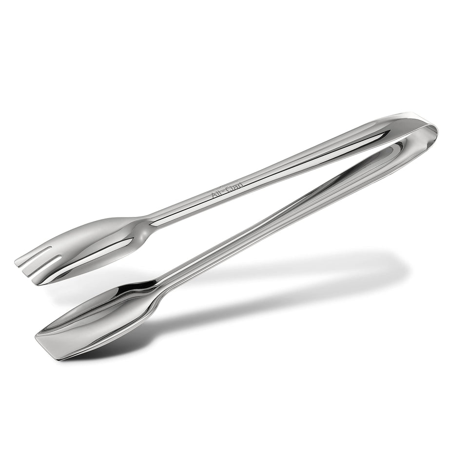 All-Clad cook & serve tongs with wide ends grip bulky foods easily.