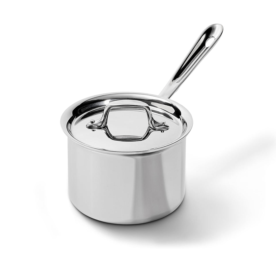 All-Clad D3 2-qt saucepan product shot highlights tri-ply construction for even heating