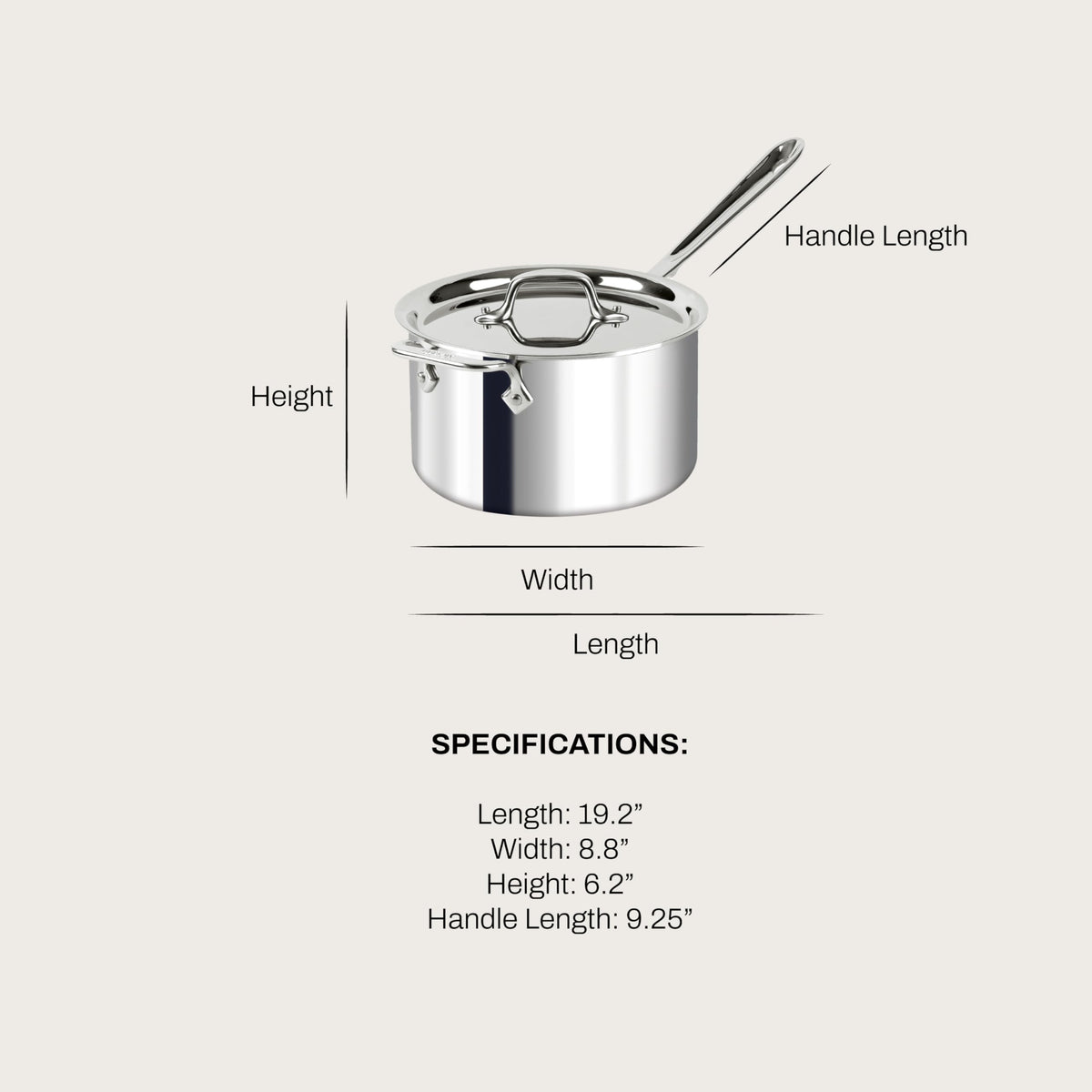 All-Clad D3 4 Qt sauce pan side view highlights sturdy, double-riveted handles.