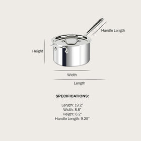 All-Clad D3 4 Qt sauce pan side view highlights sturdy, double-riveted handles.