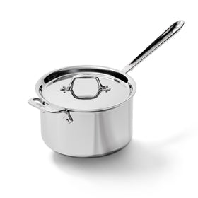 All-Clad D3 4 Quart sauce pan with lid for precise heat and controlled pouring.
