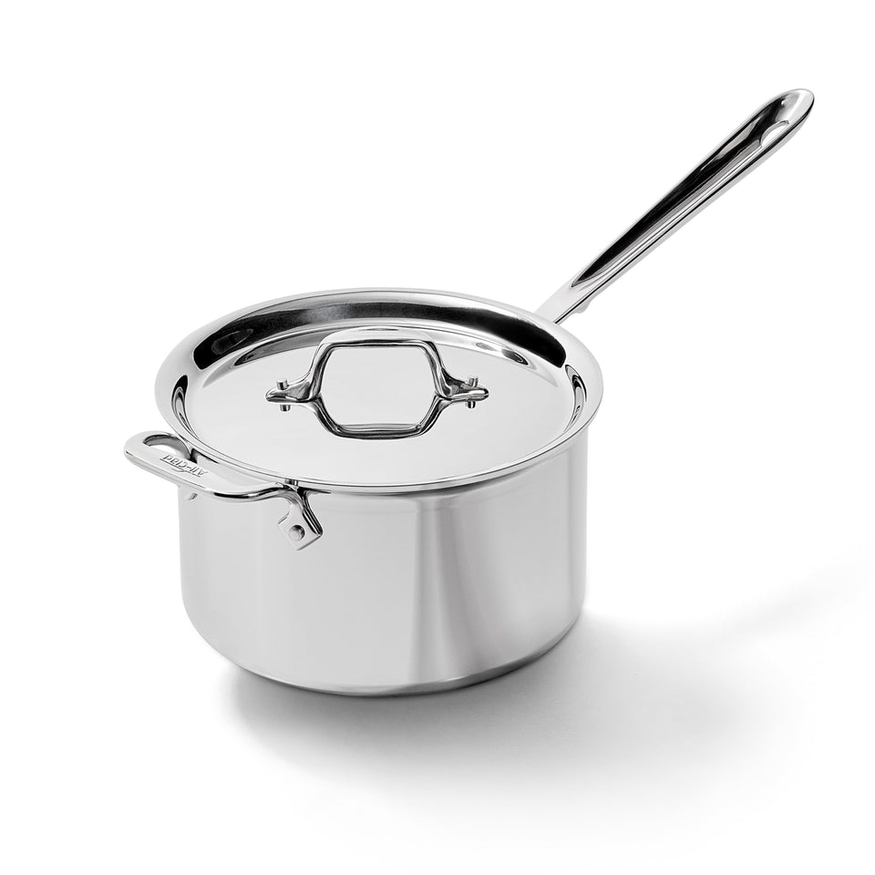 All-Clad D3 4 Quart sauce pan with lid for precise heat and controlled pouring.